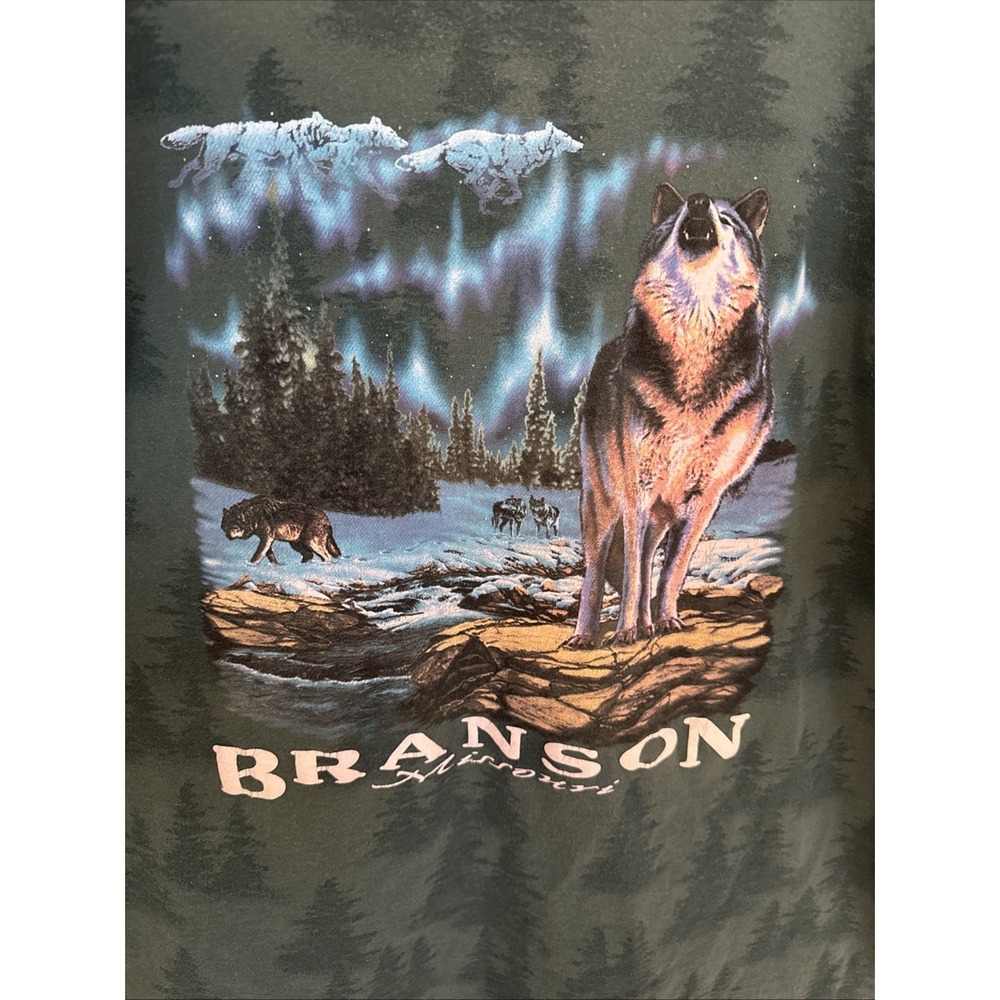 Prairie Mountain Mens Green T-Shirt Wolf Branson Size XL USA Tree Print S Stitch - Picture 2 of 7